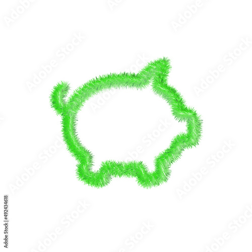 Pig piggy symbol bank with grass and feathers icon. Green piggy trading hairy currency. Easy editable money symbol. Soft and realistic feathers. Fluffy green isolated on white background.