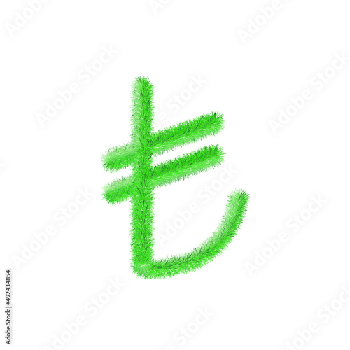 Turkish lira symbol currency grassy and feathered icon. Turkey economy and trade hairy currency. Easy editable money symbol. Soft and realistic feathers. Fluffy green isolated on white background.