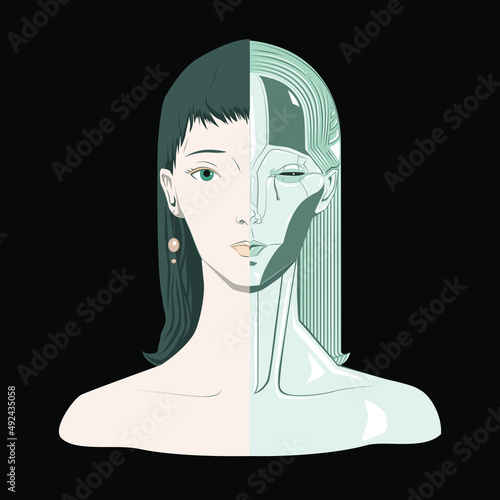 Illustration on futuristic automaton girl.Transhumanism body upgrades concept.Technology that turns woman into cyborg humanoid isolated on black background. Development robots and AI machine dystopian