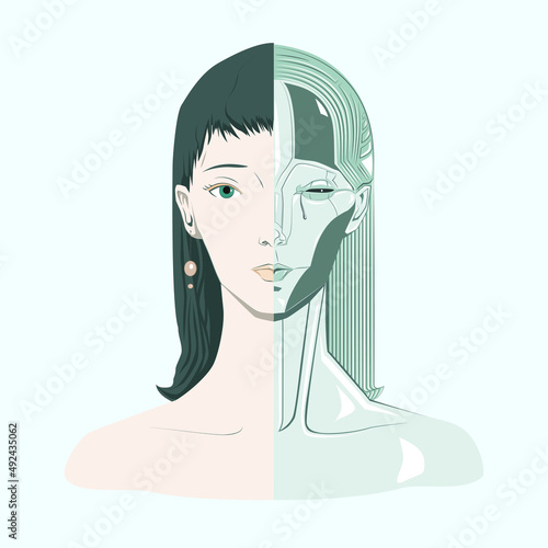 Illustration on futuristic automaton girl.Transhumanism, body upgrades concept. Technology transforming woman into cyborg humanoid. isolated on background. Development robots and AI machine dystopian