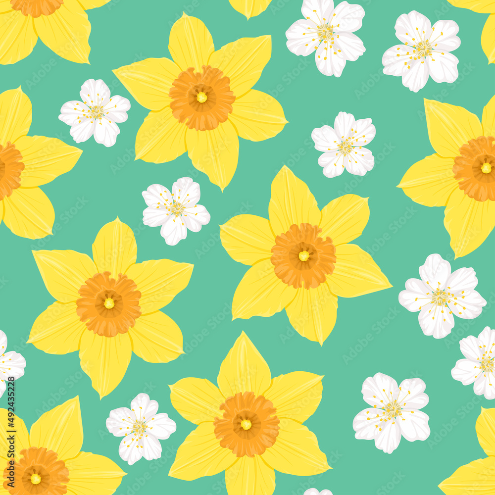 Floral spring background. Yellow daffodils and white cherry flowers seamless pattern. Vector cartoon flat botanical illustration.