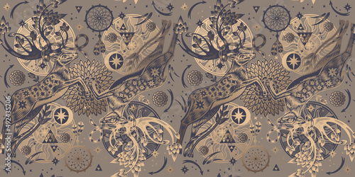 Seamless pattern. Deer with sprouted antlers. Gold print.