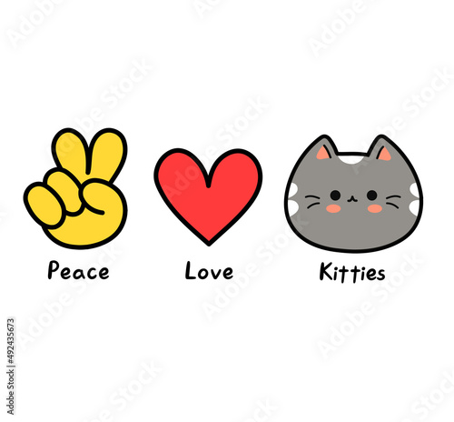 Peace,love,kitties concept print for t-shirt.Vector cartoon doodle line graphic illustration logo design.Peace sign,heart,cat pet face print for poster,t-shirt,logo concept