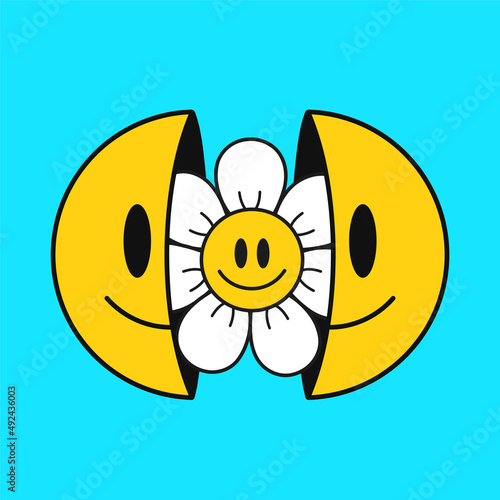 Two half of smile face with chamomile flowe inside.Vector cartoon character illustration.Isolated on white background. Smile emoji face,chamomile flower,positive print for t-shirt,poster concept