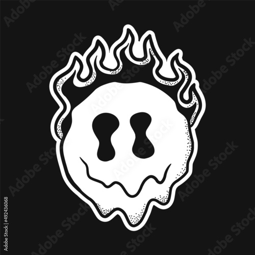 Smile melt face with devil horns burn in fire t-shirt print design. Vector hand drawn trendy cartoon character illustration. Smile melt face,demon,hell,techno print for t-shirt, poster concept