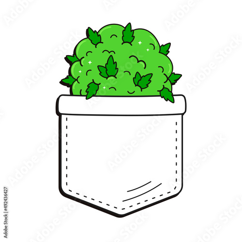 Weed cannabis bud in pocket t-shirt print.Vector cartoon doodle line style character logo illustration design.Isolated on white background. Marijuana weed print for pocket t-shirt,clothing concept