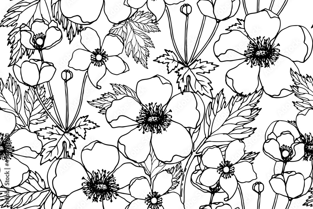 he Japanese anemone flowers is growing seamless pattern. Pink garden ...