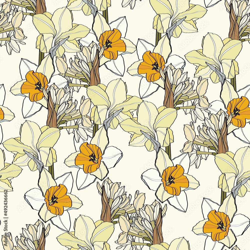 Seamless pattern with flowers. Daffodils, wildflowers on a beige background. Beautiful floral background for fabric.