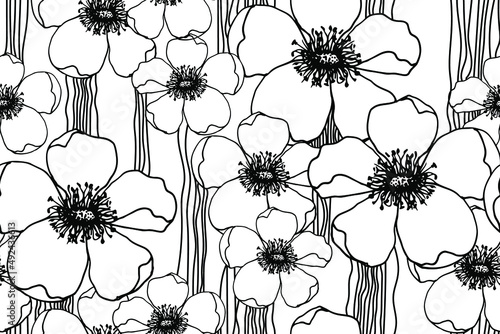 Papier peint Japanese anemone flowers and stem seamless pattern