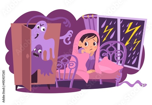 Children nightmares. Scared girl in bed. Kids afraid boogeyman monsters in closet. Cartoon ghosts s and thunderstorm. Dark room. Night phobia. Feared baby under blanket. Vector concept