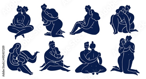 Contemporary matisse style people. Embracing couples in love. Naked bodies silhouettes. Smooth graphic shapes. Arts inspiration. Romantic poses. Happy lovers. Vector hugging persons set