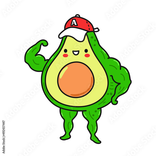 Cute funny happy avocado show muscle.Vector hand drawn cartoon doodle kawaii character illustration icon.Isolated on white background. Avocado, sport, fitness healthy food cartoon character concept