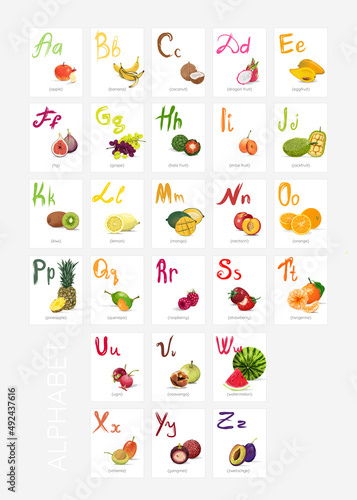 Alphabet with vector fruits on each card for word memorisation. Colourful educational material for primary school or kinder garden. Abc fruity learning photo