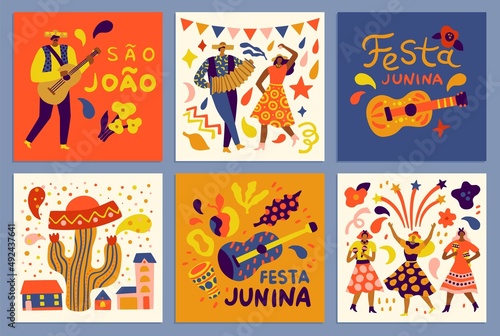 Festa Junina. Farmer musical festival. Latino people dancing and playing guitar or accordion. Colorful clothes. Brazil folk holiday. Square banners. Party invitations. Vector cards set © VectorBum