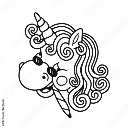 Smile happy unicron smoking weed joint page for coloring book.Vector hand drawn cartoon character illustration.Unicorn smoke weed face page for coloring book