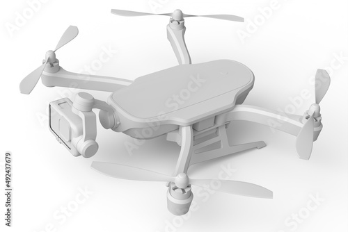 Flying photo and video drone or quad copter with action camera isolated on white