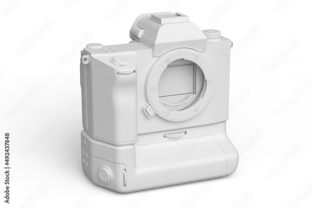Concept of nonexistent gold DSLR camera isolated on white monochrome background.