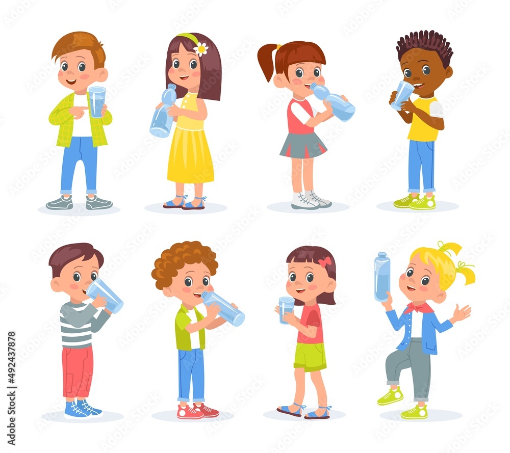 Kids drink water. Happy boys and girls hold plastic bottles and cups with clean water. Children quench thirst. Young people with glasses. Healthy habits. Vector thirsty persons set