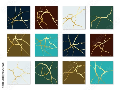 Gold kintsugi cards. Square mini banners with crackle texture. Japanese porcelain gluing technique. Abstract covers with crack effects. Glitter mosaic veins. Vector luxury surfaces set