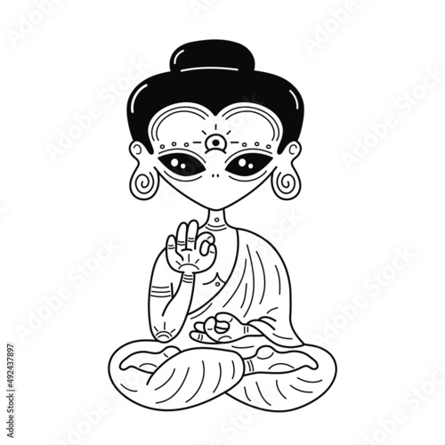 Funny Buddha alien sit in lotus yoga pose.Vector line art page for coloring book.Buddha,buddhist,alien,ufo,green cosmic creature character t-shirt,logo,sticker print concept