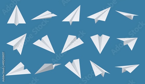 Paper plane. White aeroplanes. Different camera angles. Flying origami figure. Idea startup symbol. Airplanes flight. Aviation transportation or message sign. Vector 3D aircraft set