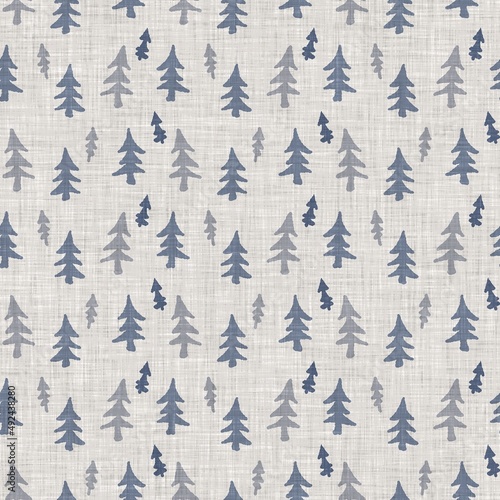 French blue botanical leaf linen seamless pattern with 2 tone country cottage style motif. Simple vintage rustic fabric textile effect. Primitive modern shabby chic kitchen cloth design.