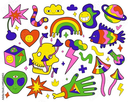 Retro psychedelic elements. Surreal hippie symbols. Acid colors stickers. Mushrooms and skull. Clouds with lightning. Rainbow or alien head. Bomb explosion. Vector weird bright icons set