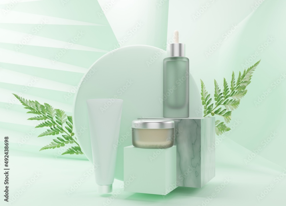 Natural eco green cosmetics with realistic branches of greenery. Mockup 3d illustration Natural eco green cosmetics with realistic branches of greenery. Mockup 3d illustration