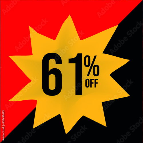 61% off limited special offer. Banner with sixty one percent discount on a yellow star shaped balloon with red and black background