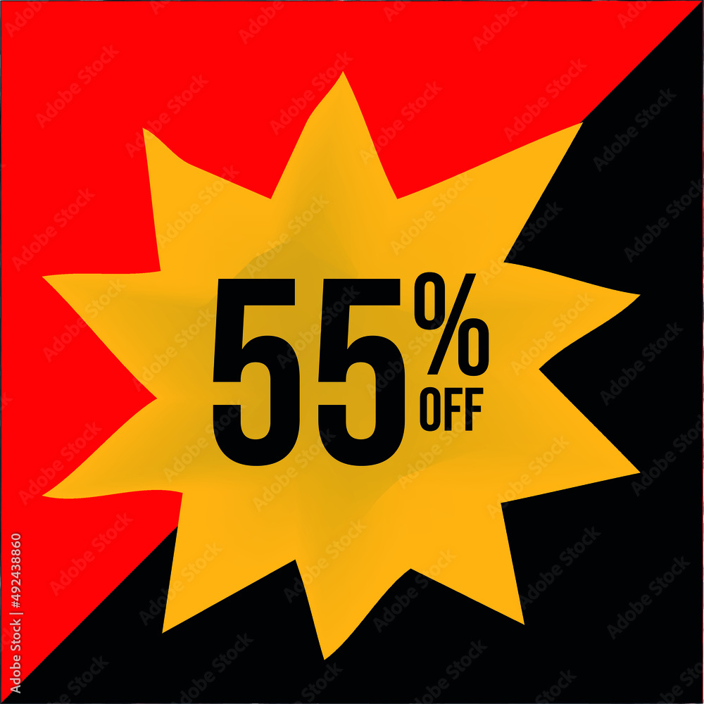 55% off limited special offer. Banner with fifty five percent discount on a yellow star shaped balloon with red and black background 55% off limited special offer. Banner with fifty five percent discount on a yellow star shaped balloon with red and black background