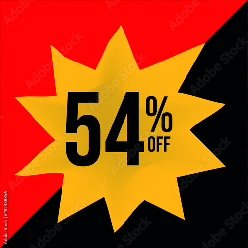 54% off limited special offer. Banner with fifty four percent discount on a yellow star shaped balloon with red and black background