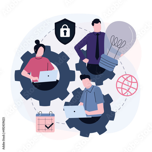 Outsourcing company with tree people in gears. Idea of teamwork and project delegation. Company development and business strategy and planning