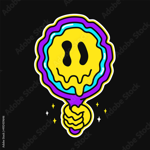 Funny psychedelic melt smile face in mirror logo.Vector cartoon character illustration logo.Smile yellow groovy faces melt,acid,techno,mirror,trippy print for t-shirt,poster,card concept