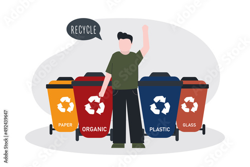 Cartoon boy promote everyone to separate and recycle garbage. Separation and recycling of various wastes. Waste collection, segregation and reclamation