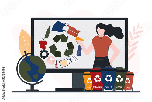 Cartoon woman on computer screen. Female character appealing for intelligent waste separation and recycling. Waste recycle sign. Protection and saving of environmental
