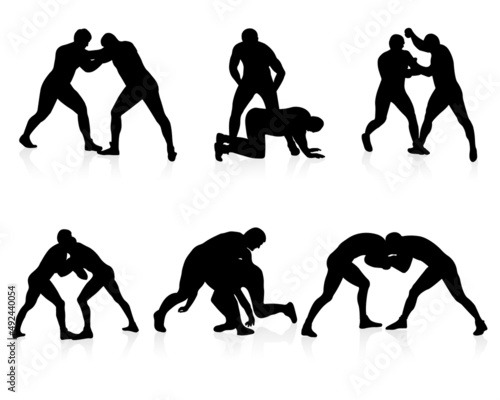 Set of silhouette of an athlete wrestler in the fight. Greco Roman, freestyle, classical wrestling.