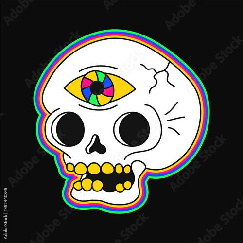 Psychedelic trippy skull with open third eye. Vector hand drawn doodle line cartoon character illustration. Psychedelic,acid,skull,third eye print for t-shirt, poster,sticker,cover,card concept