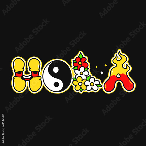 Hola word,trippy psychedelic style letters.Vector hand drawn doodle cartoon character illustration.Funny cool trippy letters,trip,hola,Spain word fashion print for t-shirt,poster concept