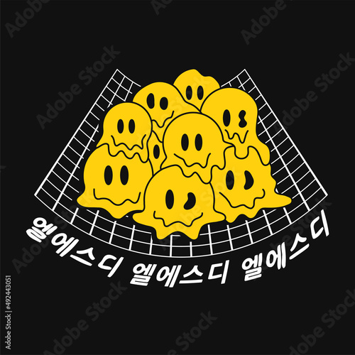 Deformed flex distorted grid,melt psychedelic smile face. Korean quote (LSD). Vector graphic illustration.Psychedelic grid,trippy acid face,lsd print for t-shirt,poster illustration concept