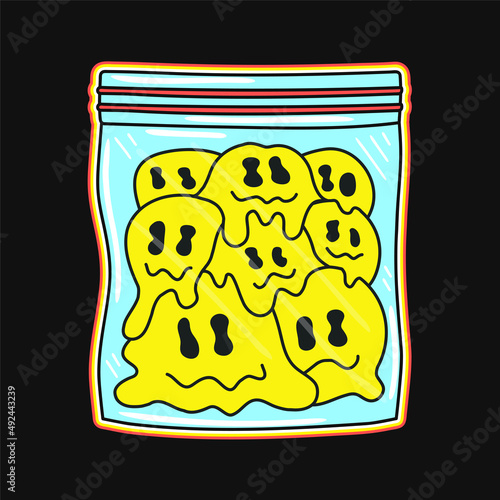 Melt smile face in plastic zip bag. Vector hand drawn doodle line cartoon illustration. Acid,psychedelic trippy face,smile emoji,drugs,lsd print for t-shirt, poster,sticker concept