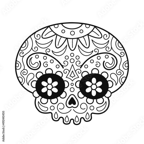 Mexican sugar skull page for coloring book. Vector doodle line cartoon character illustration icon. Skull t-shirt print,coloring page design