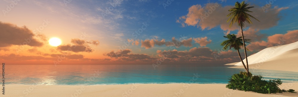 Beach with palm trees at sunrise, ocean at sunset with shore and palm trees, sun over water, 3d rendering