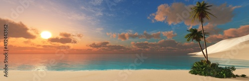 Beach with palm trees at sunrise  ocean at sunset with shore and palm trees  sun over water  3d rendering