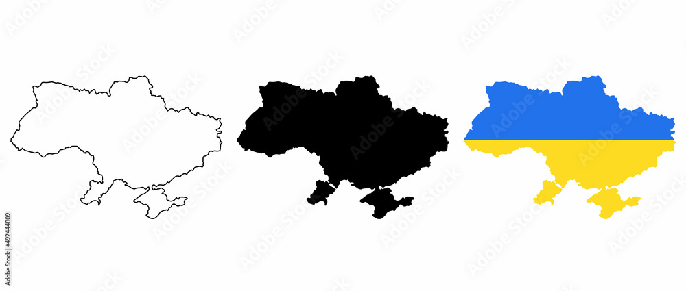 Map of Ukraine. Geographical borders of Ukraine. Have 3 versions, Blank Black Silhouette, black thin line version and color of country flag version. Isolated on the white background.