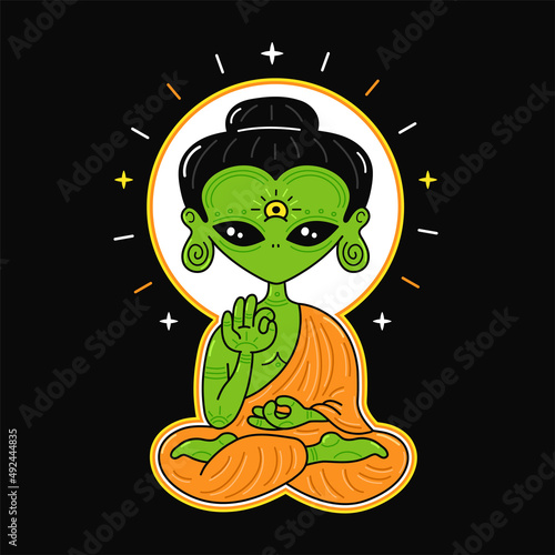 Funny Buddha alien sit in lotus yoga pose. Vector hand drawn cartoon kawaii character logo illustration. Buddha,buddhist,alien,ufo,green cosmic creature character t-shirt,logo,sticker print concept
