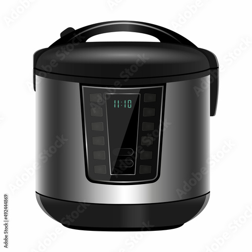 Modern metal Multicooker. Pressure cooker for cooking food under pressure. Electronic control. Kitchen household appliance isolated on white background