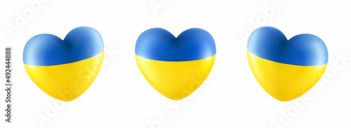 Heart shaped glossy national flag of Ukraine. European country national flag button, Ukrainian symbol in patriotic colors realistic 3d vector illustration on white background