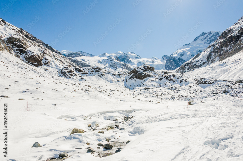 Morteratsch, Morteratschgletscher, Gletscher, Gletscherpfad, Gletscherweg, Piz Bernina, Bellavista, Bernina, Berninapass, Engadin, Alpen, Graubünden, Winter, Winterwanderweg, Langlauf, Schweiz