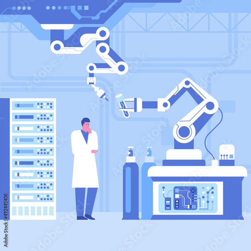 Automated scientific laboratory interior with robotic technology Scientists analyses data of research, robotic arms make test in flasks on modern professional lab equipment Vector science illustration