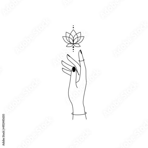 Sacred bloom lotus flower with women hand outline. Alchemy spiritual floral symbol with palm for emblem yoga wellness and meditation school. Esoteric mystical design element. Vector illustration